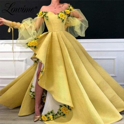 Elegant Yellow Embroidery Off Shoulder Evening Prom Dresses 2019 New With Long Sleeve Ruched Long Party Dress Arabic Muslim Gown