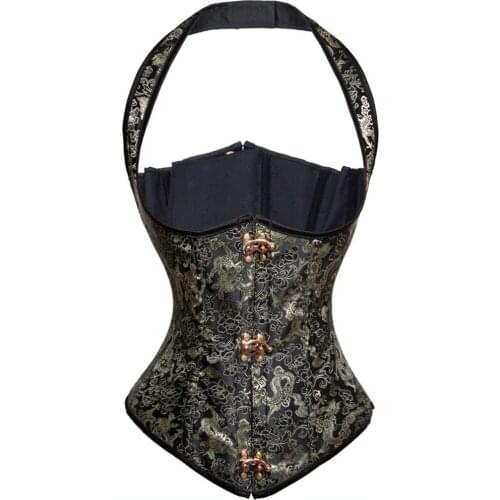 Gothic Womens Halter Steel Boned Corset Bustier Corpetes Espartilhos Sexy Embroidery Steel Boned Wais Trainer Buckle Punk Corset