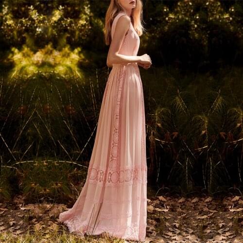 Summer Runway Dress 2020 High Quality Elegant Pink Lace Patchwork Pleated Long Party Dresses For Women