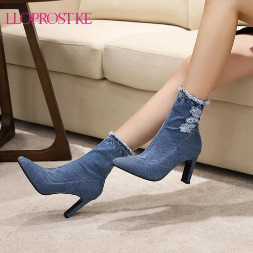 Lloprost ke Sexy Jean Boots Womens Short Boot Winter High Heel Denim Boot 2020 Lady Stylish Jeans Ankle Boots Shoes Cowboy