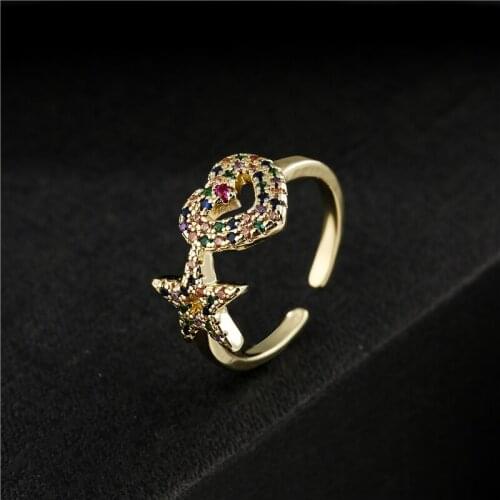 Fashion Gold Color Colourful CZ Wedding Ring For Women Star Heart Design Ring Female Engagement Jewelry Promise Gift