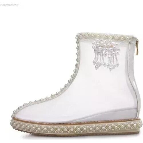 New Summer Mesh Glossy Pearl Sewed Sole Ankle Boots Bearings Embellished Lucency Sandals Boots Handmade Short Bottines