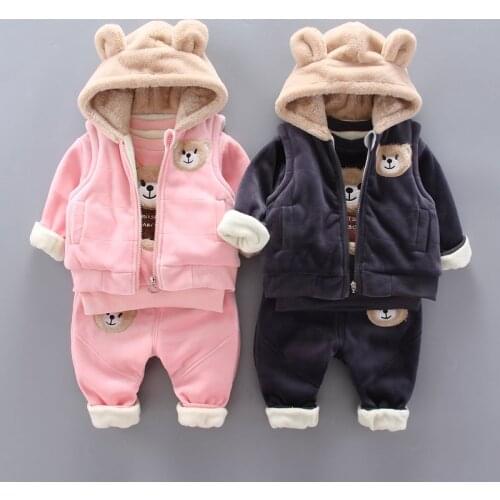 New Winter Children Thicken Clothes Baby Boy Girls velvet Hooded Vest Cartoon coat Pants 3Pcs/sets Kids Infant Casual Sportswear