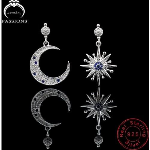 New Fashion Star&Moon Asymmetry Drop Earrings 925 Sterling Silver Long Pendant Earrings Maxi Women Jewelry Gift Zircon Earings