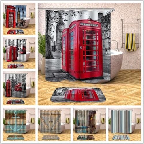 London City Scenery Telephone Booth Printing Shower Curtain Polyester With Hook Retro Wood Grain Bathroom Curtain Blocking Sight