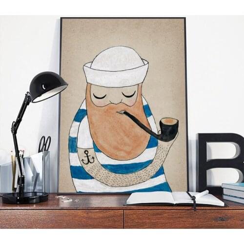 Funny Sailor Long Beard Poster Cute Man Bite A Pipe Art Hand Painted Canvas Painting Bedroom Kidroom Wall Decoration Pictures