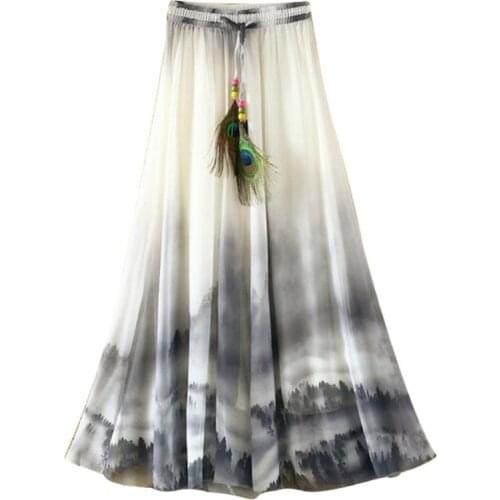 New Summer Beach Bohemian Women Chiffon Flower Print Drawstring Maxi Long Skirt