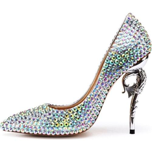 Ladies Silver Seahorse High Heels Intrigue Rhinestone Wedding Pumps Female Crystal Drilled Shoes Pointed Toe Evening Party Heel