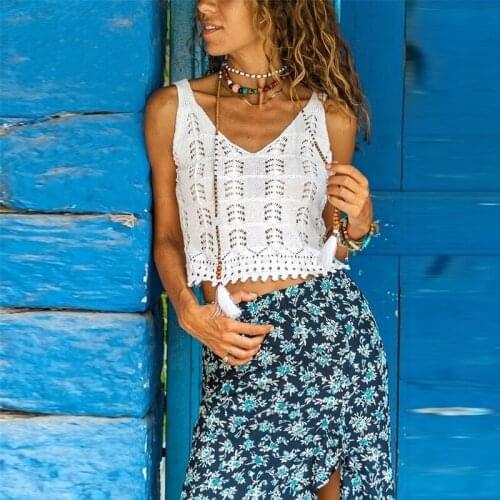 Sexy Womans Summer Hollow Out Design Lace Tops Solid Color Decor See Through Sling Sleeveless Backless V-Beck Short Top Crop