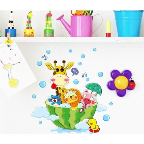 1PC Cute Animal In The Watermelon Wall Stickers Colourful Lion Love to Bathe Shower for Kids Baby Room Decals Home Decor