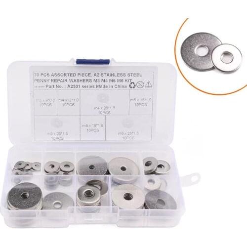 70Pcs stainless steel 7kinds oversized flat washers A2-70/C grade extra large washers Spring Round Flat Gasket Car accessories