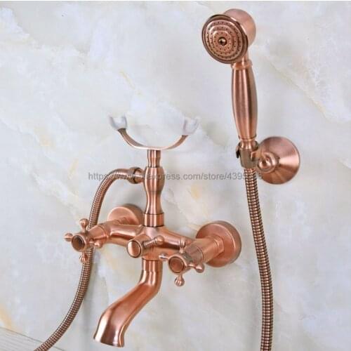 Antique Red Copper Bathroom Dual Handle Bathtub Sink Faucet Wall Mounted Telephone Style Tub Mixer Taps with Hand Shower Bna360
