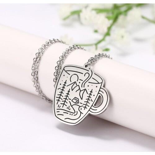 COOLTIME Stainless Steel Necklace Animal and Cup Mountain Natural Scenery Landscape Outdoor Camping Jewelry Pendant Necklaces