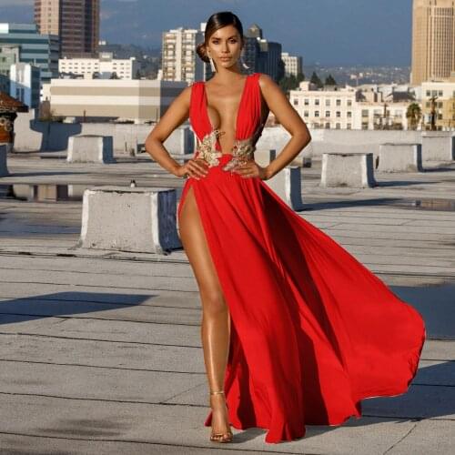 JRRY Sexy Women High Slit Maxi Dresses Deep V Neck Backless Long Dress Solid Pattern Floor Length Dress Vestidos