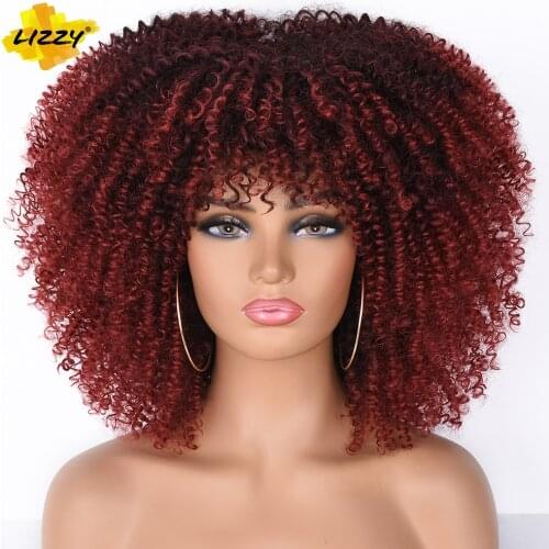 Short Afro Kinky Curly Wigs With Bangs For Black Women Blonde Mixed Brown Synthetic Cosplay African Wigs Heat Resistant Lizzy