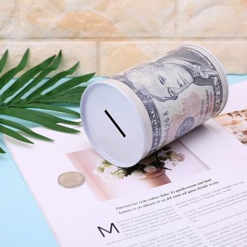 Creative Euro Dollar Metal Cylinder Piggy Bank Saving Money Box Home Decoration