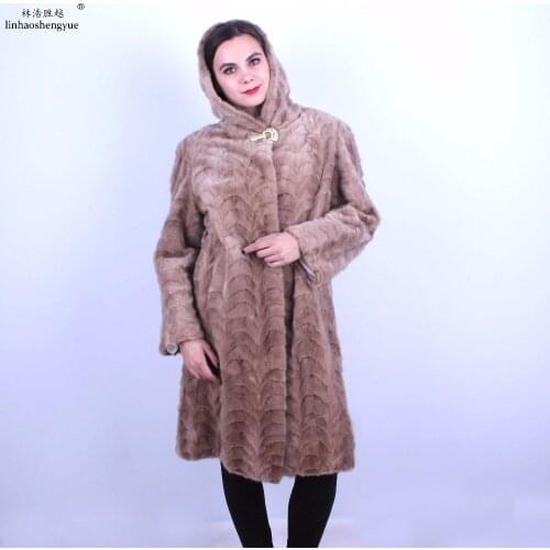 Linhaoshengyue Women Mink Fur Long Coat with Hood