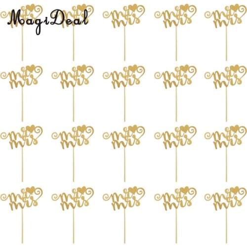 MaagiDeal 20x Glitter Paper Mr & Mrs Heart Cake Cupcake Topper Picks Wedding Engagement ceremonies Decor Gold / Silver