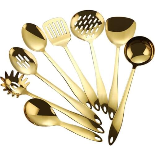 8Pcs/Lot Nordic Stainless Steel Kitchenware Set Gold Scoop Soup Ladle Skimmer Colander Spatula Shovel Kitchen Cooking Tools