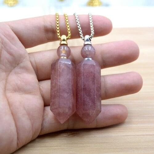 Natural strawberry quartz perfume bottle Prism Point crystal vial Gems Stone diffuser healthy charm sweater necklace for women