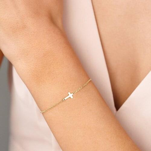 Stainless steel gold cross bracelet, delicate cross bracelet, sideways cross bracelet, holy religious bracelet