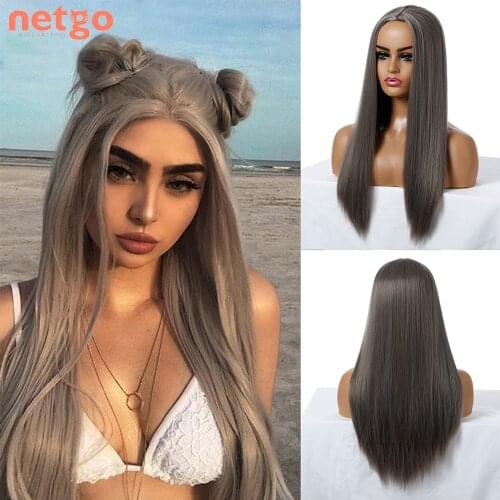Netgo Long Straight Synthetic Wig for Women Brown Mixed Gray Wig Middle Part Cosplay Party Heat Resistant Fiber Wigs Daily Wear