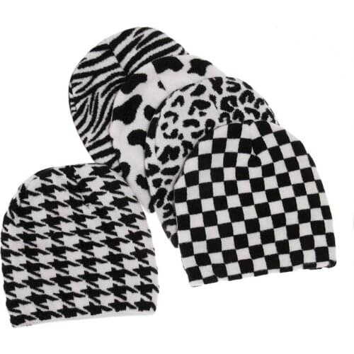New striped knitted hat beanies cap autumn winter hair band set warm black and white dairy wool hat