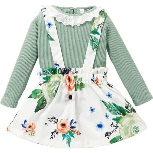 2021 New Toddler Girls Kids Clothes Set Lace Neck Long Sleeve Solid Knitted Tops Flower Print Skirt Childs Autumn Suit 18M-6Y