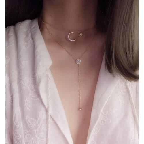 33+7cm choker necklace Delicate Moon star cubic zirconia paved for Multilayer Tassel pendant Necklace Charm women party jewelry