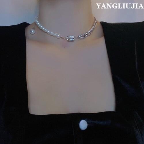 Crystal Pearl Stitching Drops Necklace Retro Fashion Simple Personality Zircon Clavicle Chain Women Wedding Jewelry Accessories