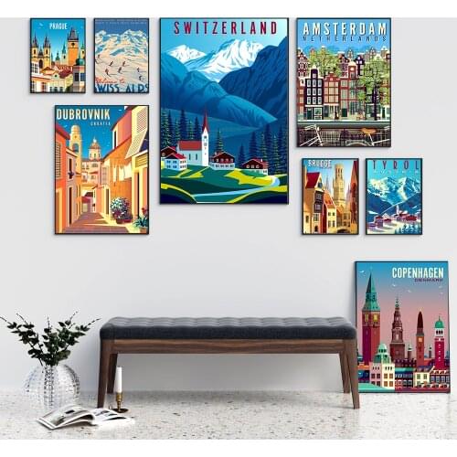 HD Print Canvas Painting European Poster Amsterdam Denmark City Stockholm Travel City Retro Landscape Wall Art Picture