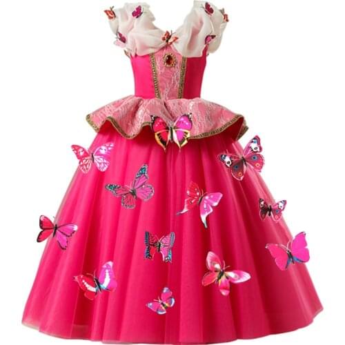 Girls Dresses Sleeping Beauty Cosplay Aurora Princess Dress For Girls Kids Halloween Birthday Party Rose red Dress for Christmas