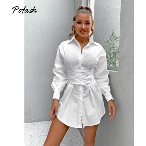 Pofash Solid White Mini Dress Women Clothing Long Sleeves Beam Waist Lace Up Autumn Dress Slim Female Sexy Vestidos 2021 Blouse