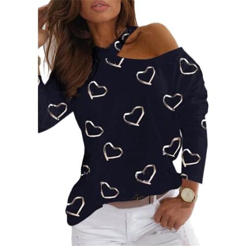 Spring Women Shirt Heart Printed Fashion Ladies T-shirts One Shoulder Long Sleeve Casual Shirts Tops For Women Round Neck 2021