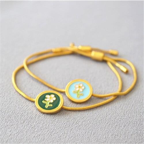 Fresh enamel flower vintage golden snake skin chain drawstring adjustable size bracelet
