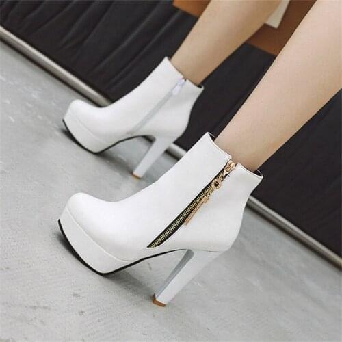 Womens Ankle Boots High Heels Boots Zipper Round Toe Winter Ladies Boots Pink white Black Boots Woman 2019 New Shoes