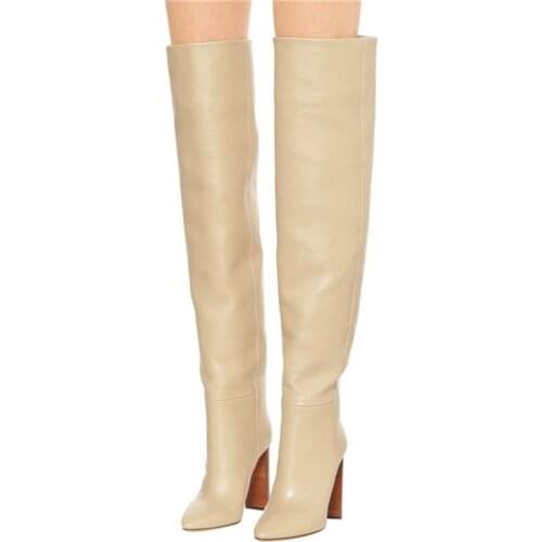 Fashion Chunky Heels Pleated Over The Knee High Boot Woman Large Size 46 Slouchy Pointy Toe Chunky Heel Slip-On Long Boots Woman
