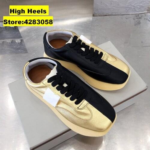RunWay Casual Designer Thick Sole Casual Shoes Woman Mixed Colour Round Toe Lace Up Women Shoes Genuine Leather Casual Shoes