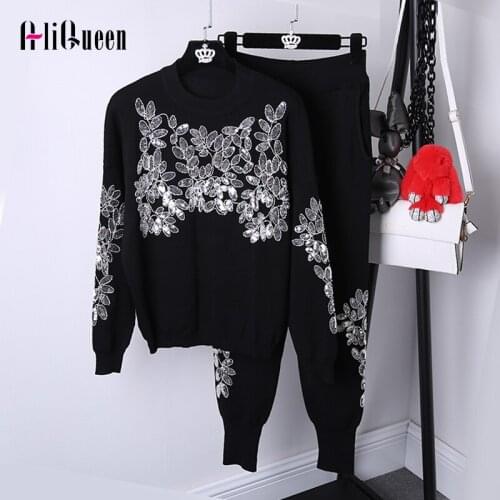 Spring Luxury Women Black Sequins 2 Piece Set Tracksuit Female Plus Size Knitted Sweater Tops + Pants Casual 2PS Set Outfits 2XL