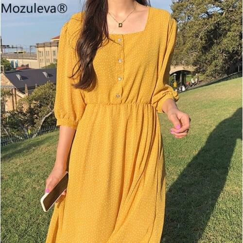 Mozuleva Chic Square Collar Heart Button Women Dress Polka Dot Short Sleeve 2020 Summer Female Dress A-line Vestidos Femme