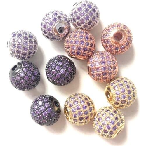 10pcs/lot 10mm Purple Cubic Zirconia Pave Copper Ball Spacer Beads for Bracelet Making