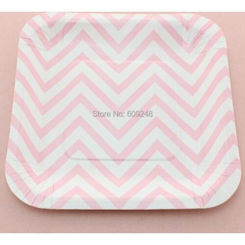 24pcs 7" Decorative Birthday Wedding Holiday Pink Chevron Square Elegant Paper Plates Party Dessert Paper Dishes Wholesale
