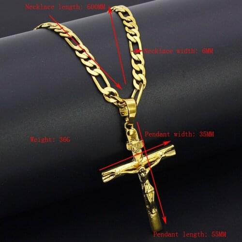Real 24k Yellow Solid Fine Solid 18ct THAI BAHT G/F Gold Jesus Cross Crucifix Charm Big Pendant 55*35mm Figaro Chain Necklace