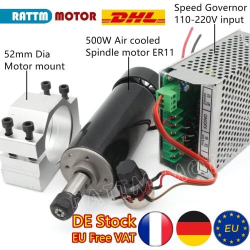 『EU Free Delivery』0.5kw Air Cooled Spindle Motor ER11 Chuck CNC 500W Spindle Motor + Power Supply Speed Governor + 52mm Clamp