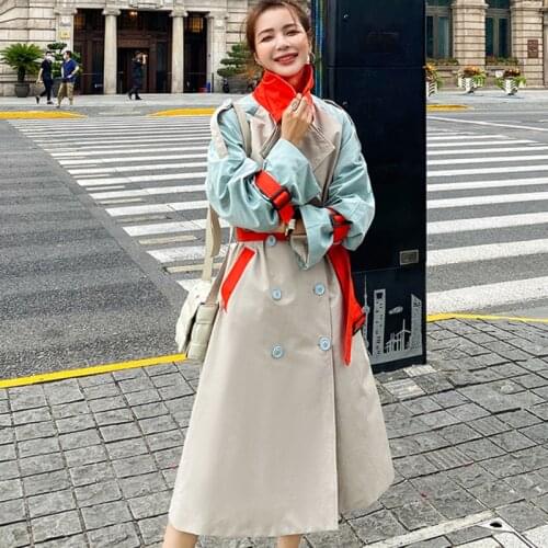 Fad Windbreaker Female Design Stitching Color Mid-length Spring Autumn Vogue Casual Womens Trench Coat Korean Clothes Abrigos
