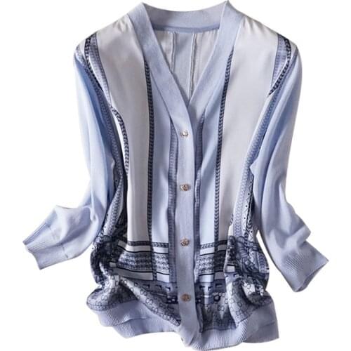 Silk smooth soft satin fabrics women spring summer shirts single breasted cardigans 3quarter sleeve print patchwork coat M/L