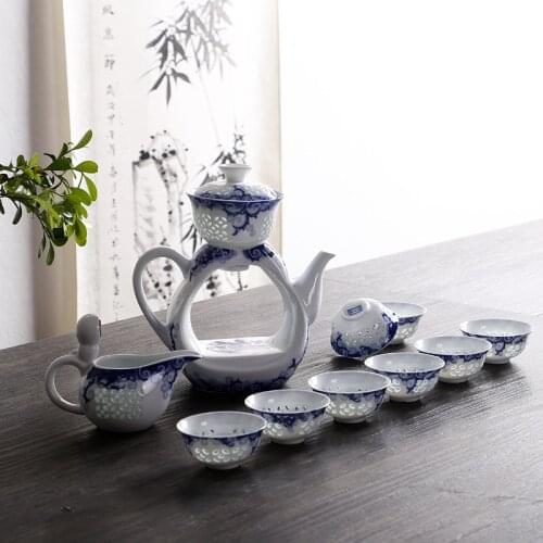 Dehua ceramic automatic blue and white porcelain tea set openwork exquisite tea set creative gifts