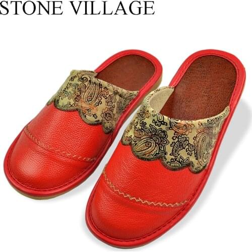 STONE VILLAGE Leather Slippers Spring And Autumn Leather Home Slippers Floor Men And Women Home Indoor Slippers Size 35-44