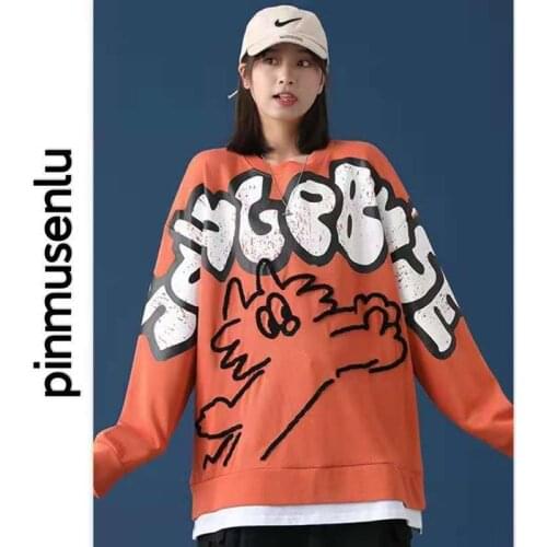 2021 Spring And Autumn New Casual Fashion Mens Sweatshirt Japanese Anime Cat Color Matching Fake Two-Piece Cotton Sweatshirt