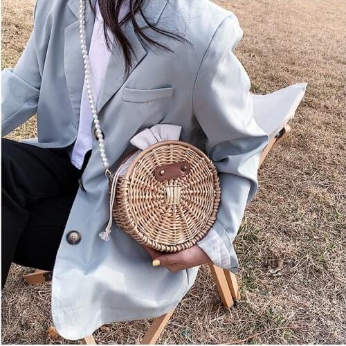 Summer Seaside Vacation Pearl Totes Hand-woven Portable Women Handbag Rattan Woven Straw Bags For Women Crossbody Shoulder Bag